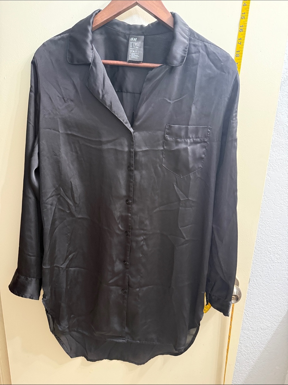 H&M Black Satin Casual Button-Down Shirt night shirt